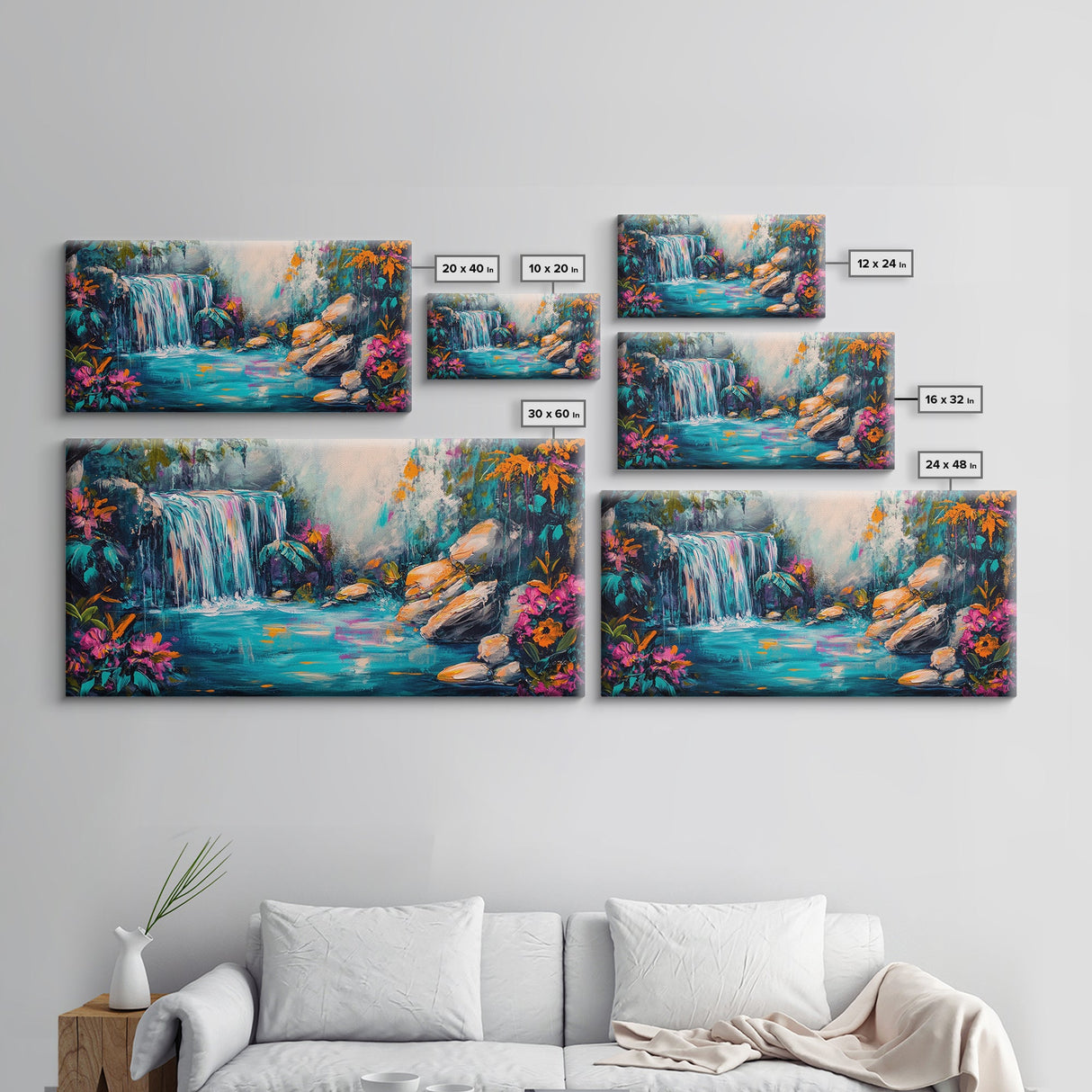 Vibrant Waterfall, Canvas Print, landscape painting, moody art, tropical art, teal wall art, extra wide art, rustic decor