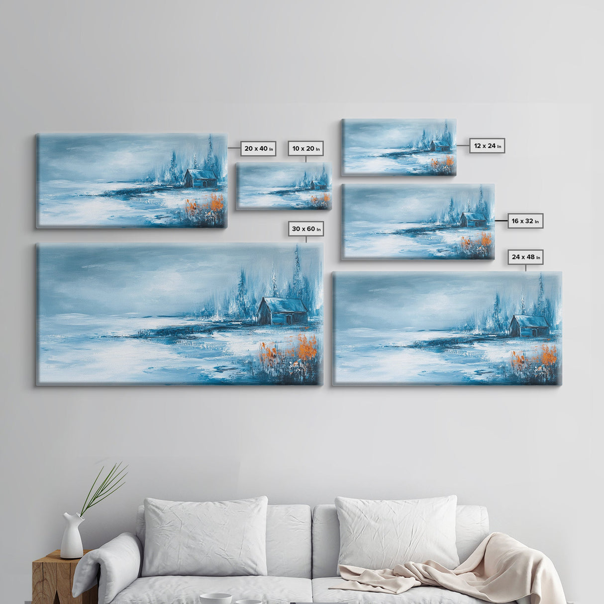 Winter Cabin, Framed Canvas Print, landscape painting, rustic decor, farmhouse art, moody art, above couch art, extra wide art