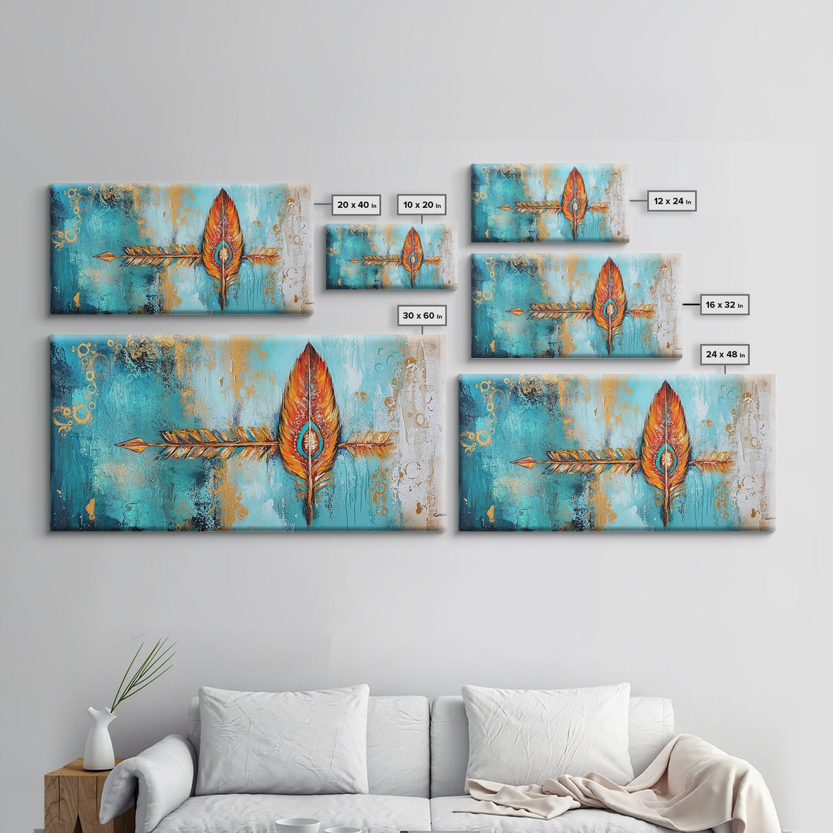 Tribal Arrow, Framed Canvas Print, geometric wall art, teal wall art, sacred geometry wall art, boho art, extra wide art