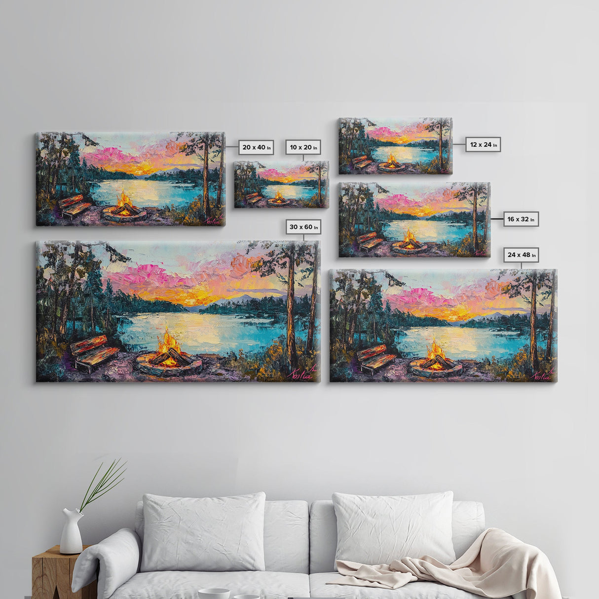 Campfire by Lake, Mountain Painting, Landscape Art, Moody Art, Framed Canvas Print, Above Sofa Art, Wabi Sabi Art, Rustic Decor