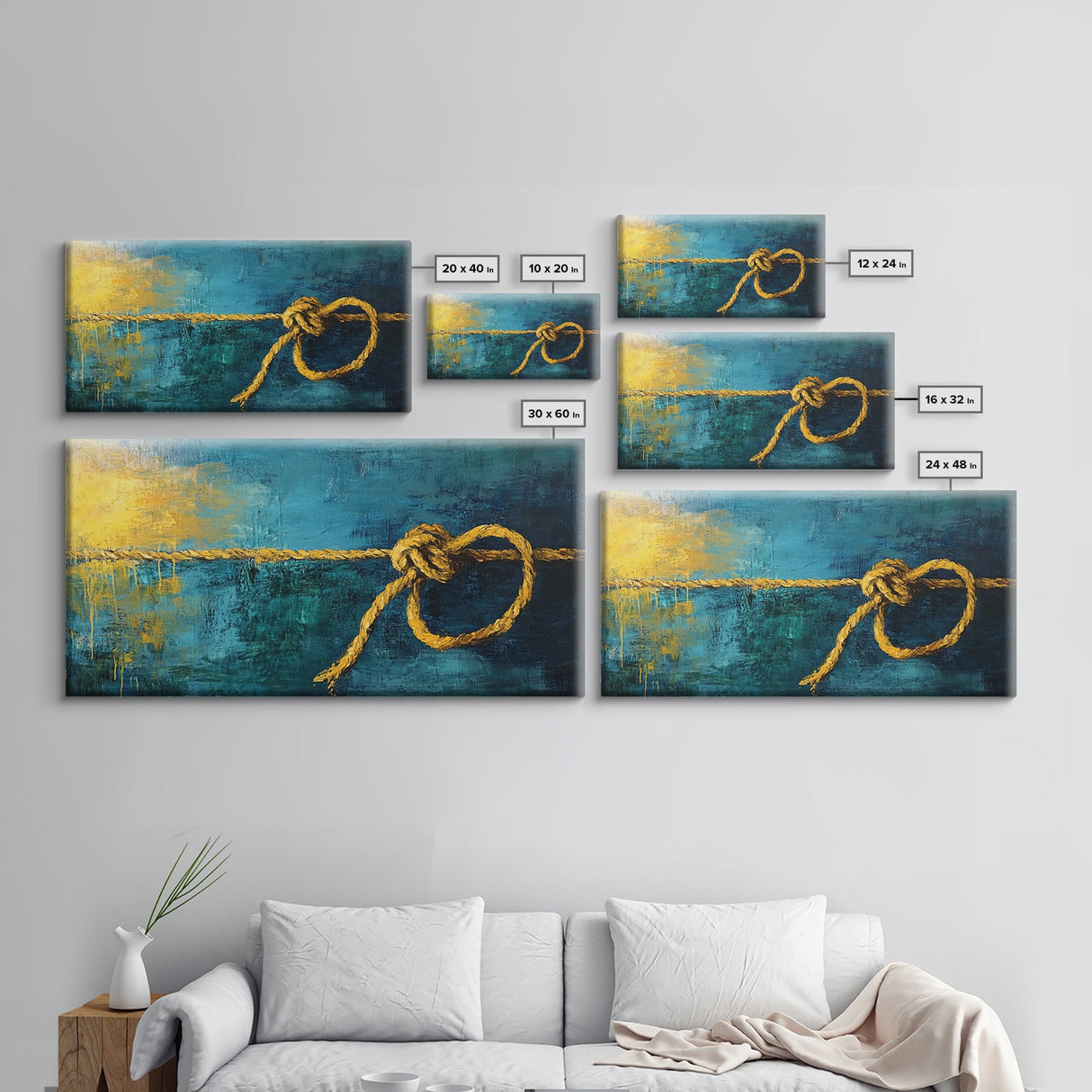 Nautical Knot, coastal wall art, rustic decor, blue and green wall art, ocean painting, framed canvas print, extra wide art