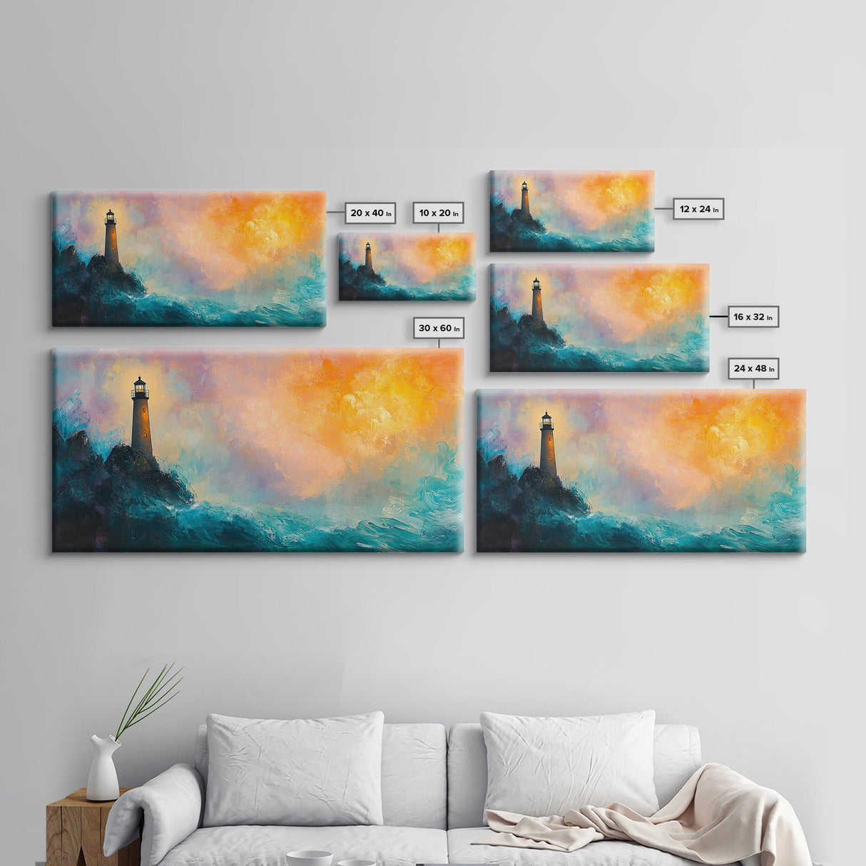 Lighthouse Sunset, coastal painting, nautical wall art, seascape painting, lighthouse art, framed canvas print, panoramic art