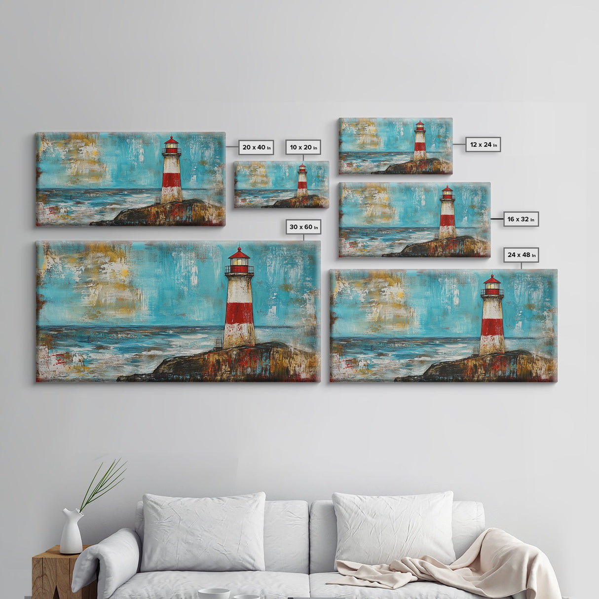Red Lighthouse, nautical painting, coastal wall art, beach house decor, ocean painting, framed canvas print, above couch art