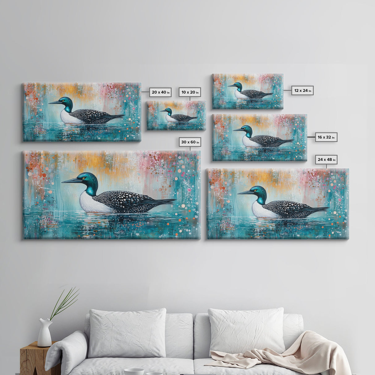 Loon Swimming Art, bird art, teal wall art, nature painting, lake decor, moody art, framed canvas print, rustic wall art