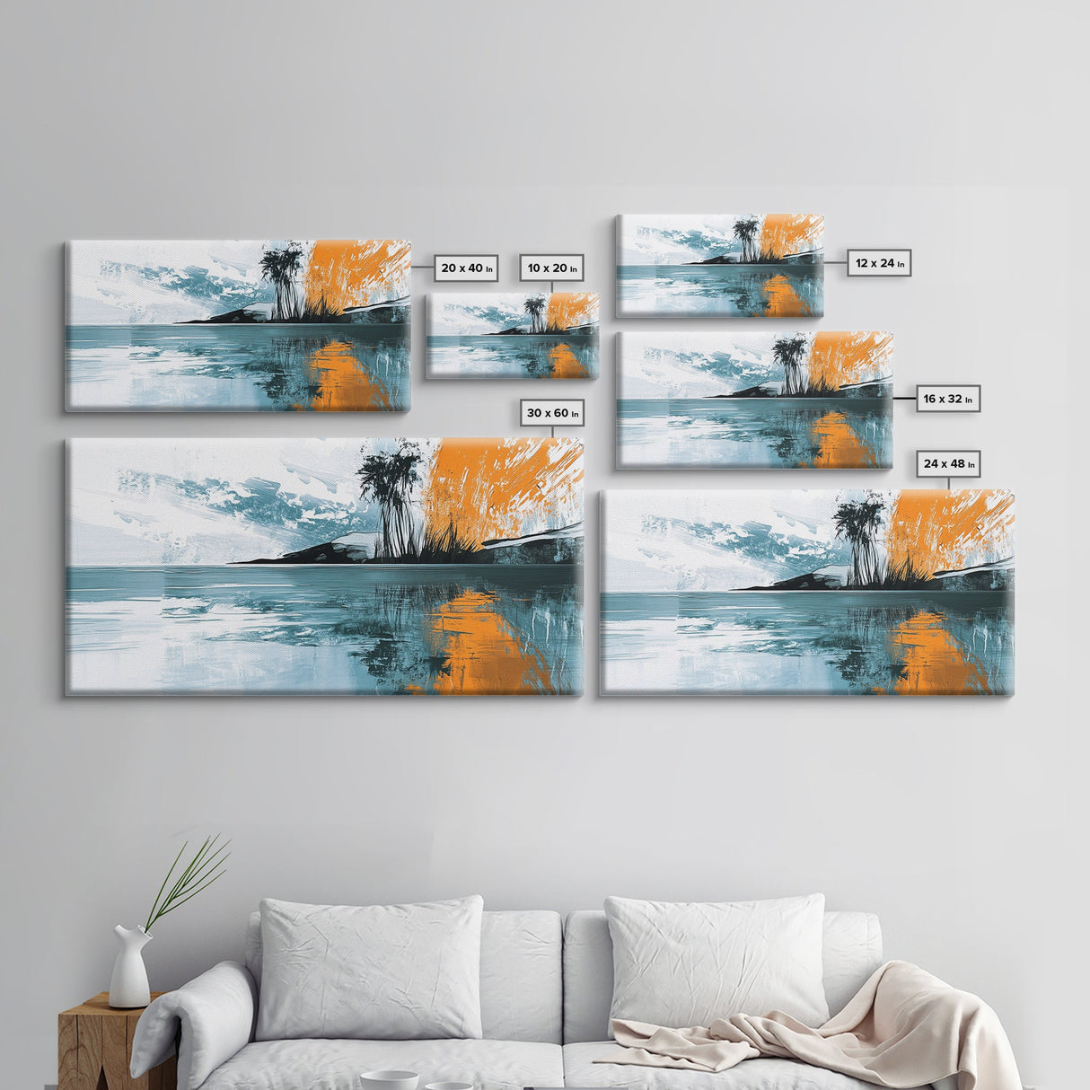 Palm Reflection, tropical coastal art, framed canvas print, coastal cowgirl wall art, panoramic painting, modern abstract art
