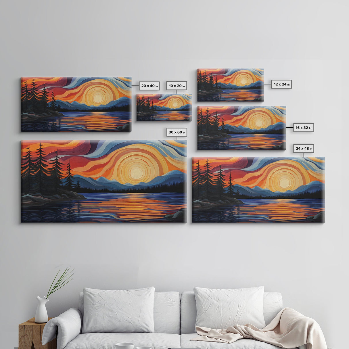 Sunset Lake, Mountain Painting, Framed Canvas Print, Pine Tree Art, Pink Orange Wall Art, Rustic Art, Landscape Painting