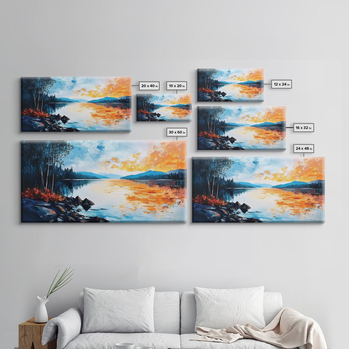 Sunset Lake Reflection, panoramic art, landscape painting, framed canvas print, mountain painting, extra wide art