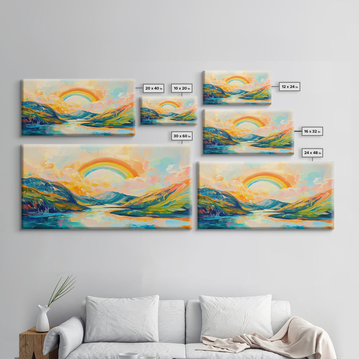 Rainbow Over Mountains, landscape painting, panoramic art, framed canvas print, extra wide art, mountain painting, colorful art