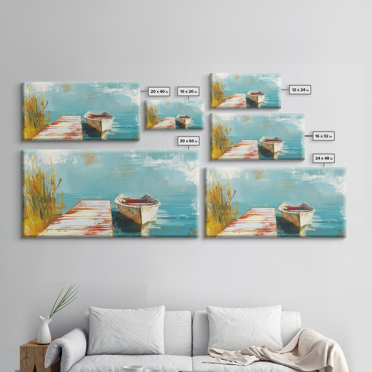 Wooden dock, rowboat, lake, marsh painting, fisherman painting, coastal decor, rustic wall art, framed canvas print, guest room art