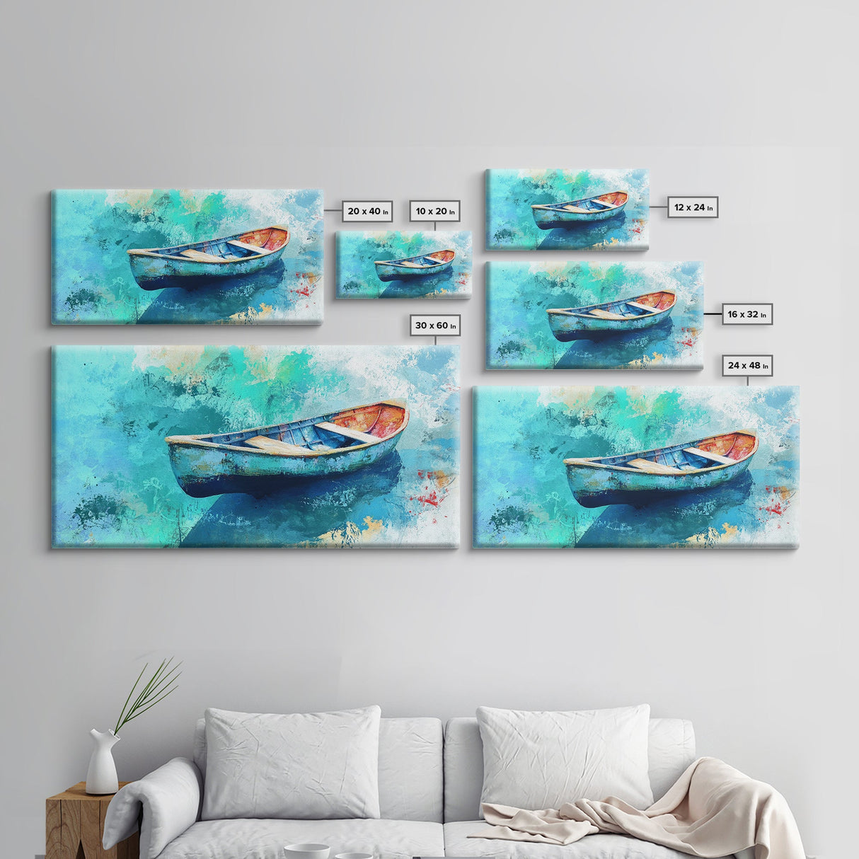 Floating Boat, teal watercolor, impressionist seascape, peaceful ocean, nautical painting, Canvas Print, coastal decor, rustic art