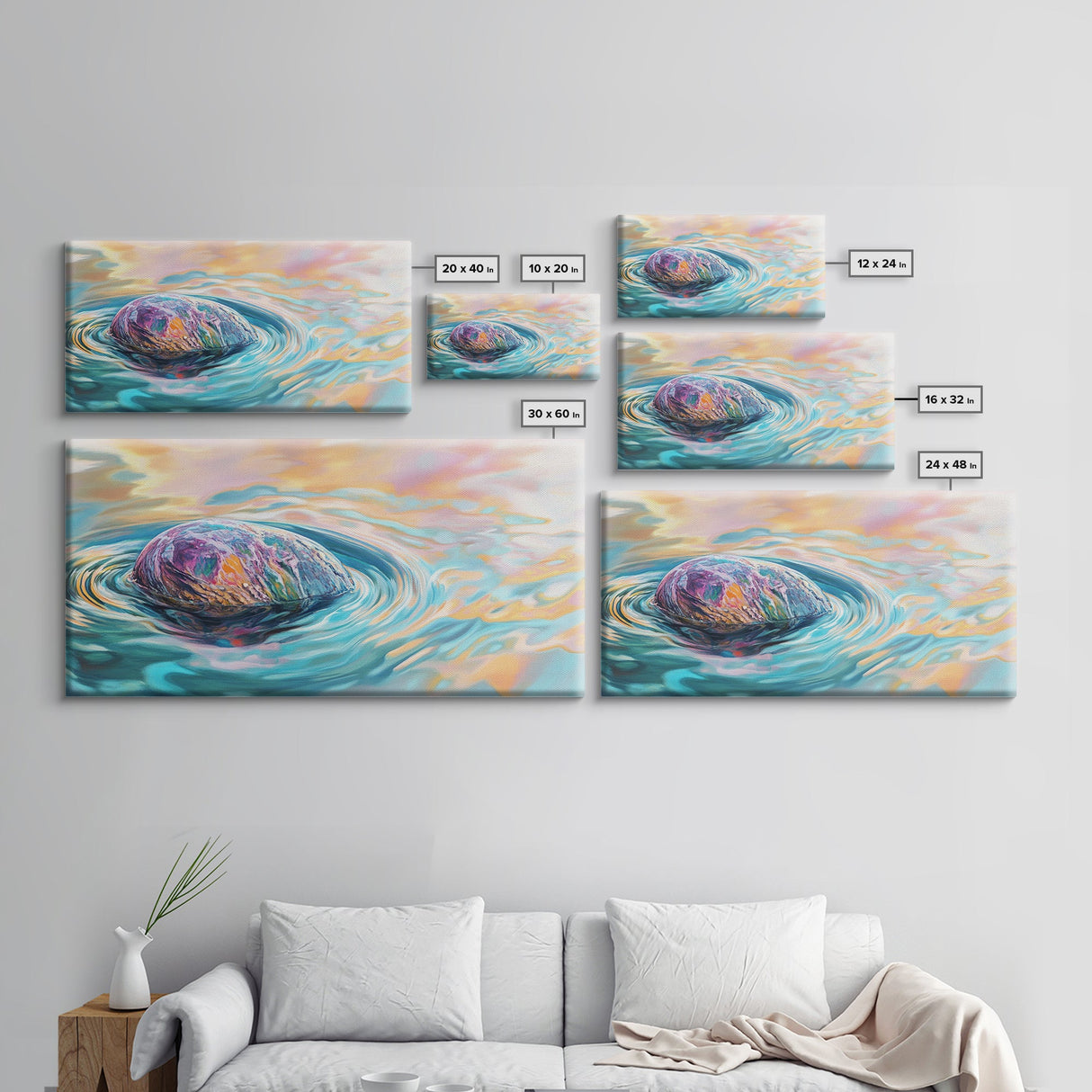 Floating Rock Art, surreal ocean painting, teal wall art, light pink wall art, moody art, nautical wall art, framed canvas print