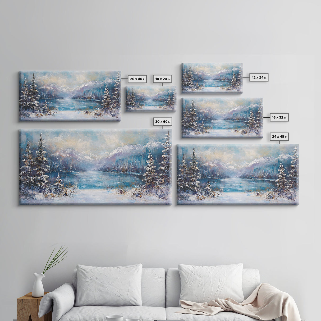 Lake Tahoe Art, Snowy Landscape, Winter Cabin Decor, Framed Canvas Print, Blue and Green Wall Art, Horizontal Wall Art