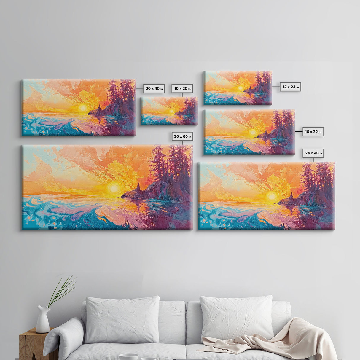 Fiery Sunset, Moody Art, Lake Tahoe Art, Colorful Landscape, Southwest Wall Art, Panoramic Painting, Framed Canvas Print, Nature Art