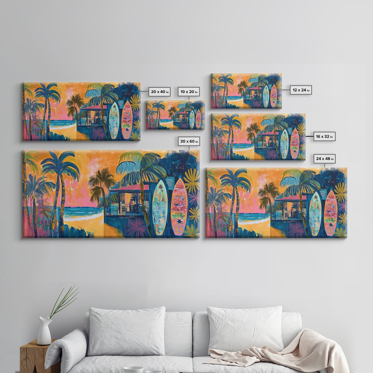 Beach Bar, palm tree painting, surf wall art, coastal decor, nautical wall art, tropical art, above couch art, Canvas Print
