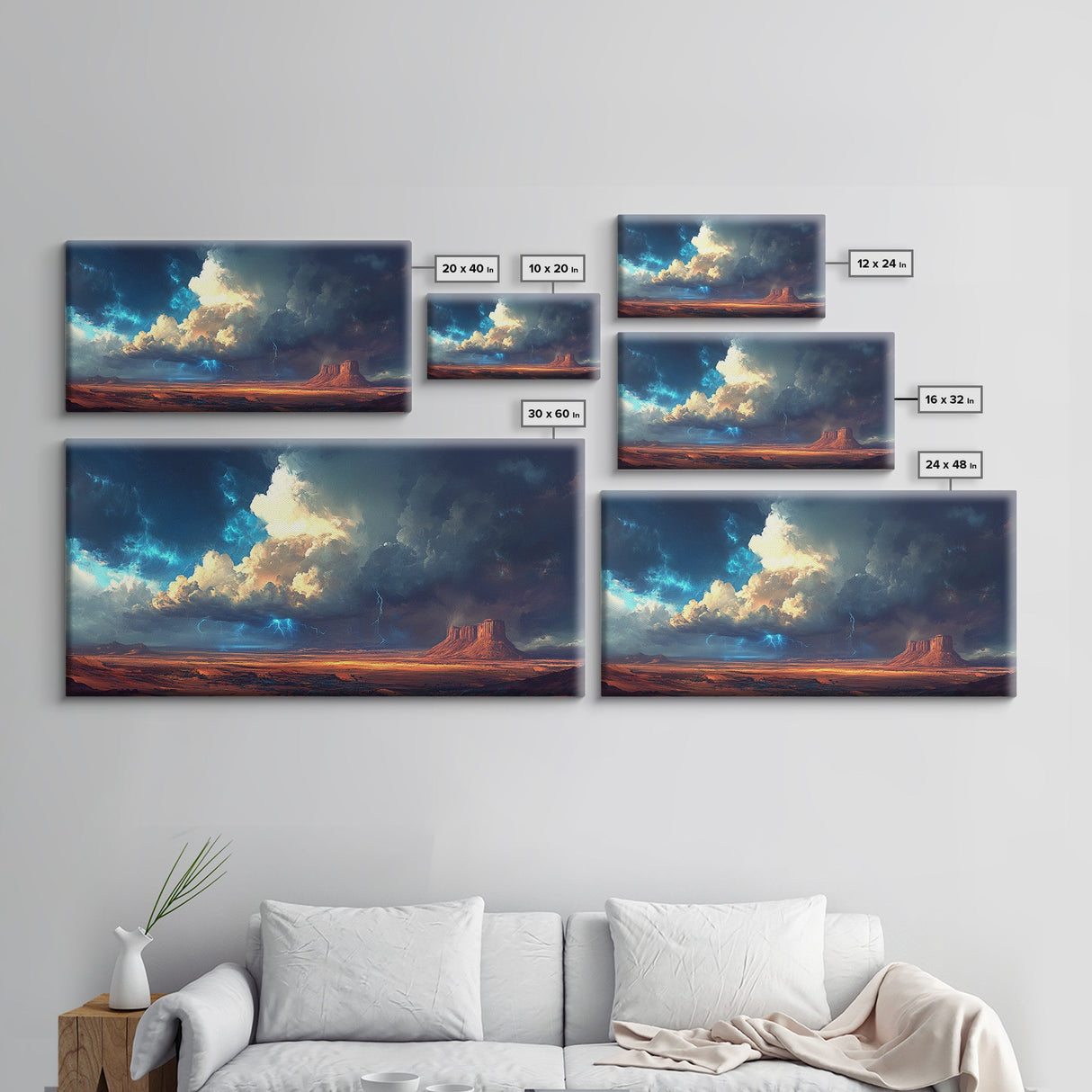 Southwest storm, desert lightning, panoramic art, framed canvas print, mountain painting, extra wide art, dramatic wall art
