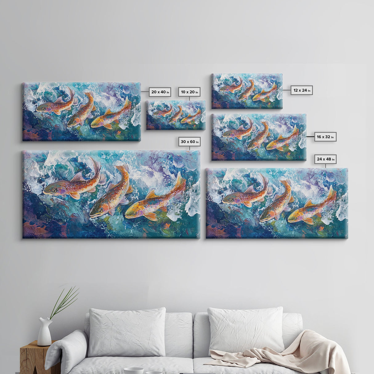 Koi Fish Painting, Framed Canvas Print, fly fishing art, trout art, extra wide painting, colorful fish painting, panoramic art