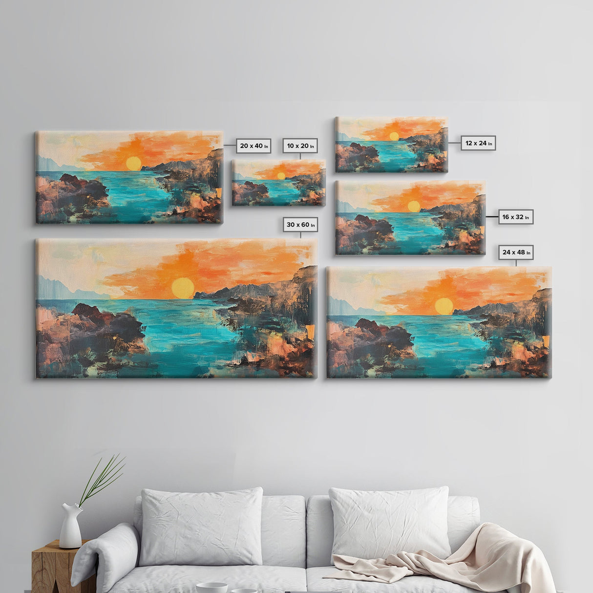 Sunset Seascape, Framed Canvas Print, coastal landscape art, panoramic painting, extra wide painting, above bed art, ocean wall art