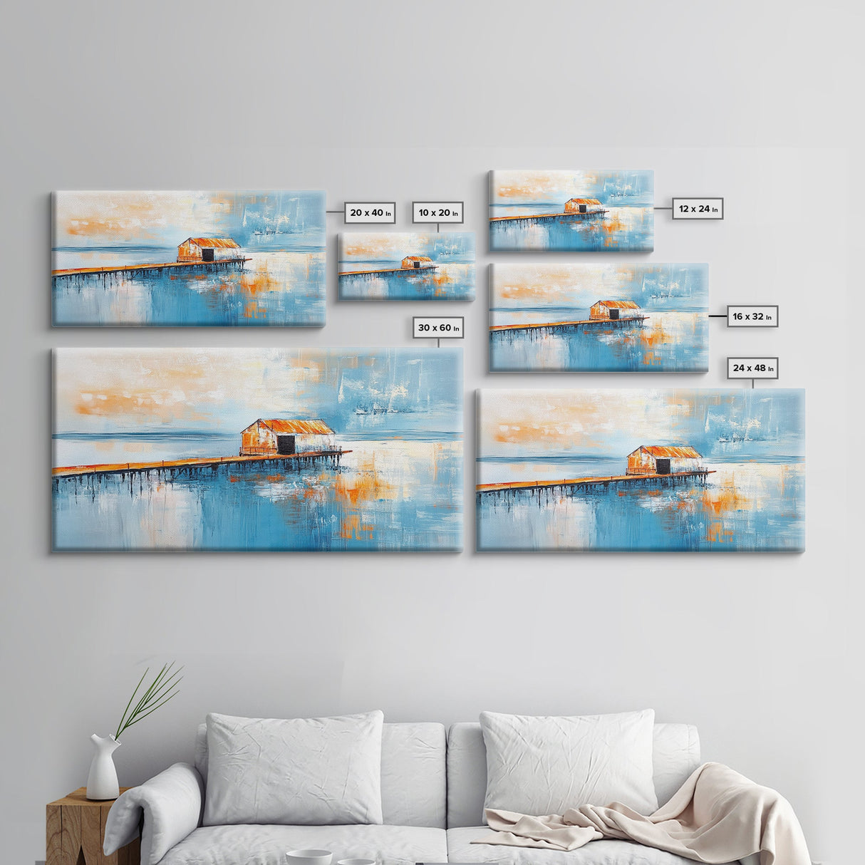 Dock, rustic barn, reflection, Canvas Print, barn landscape oil painting, coastal decor, nautical painting, panoramic art