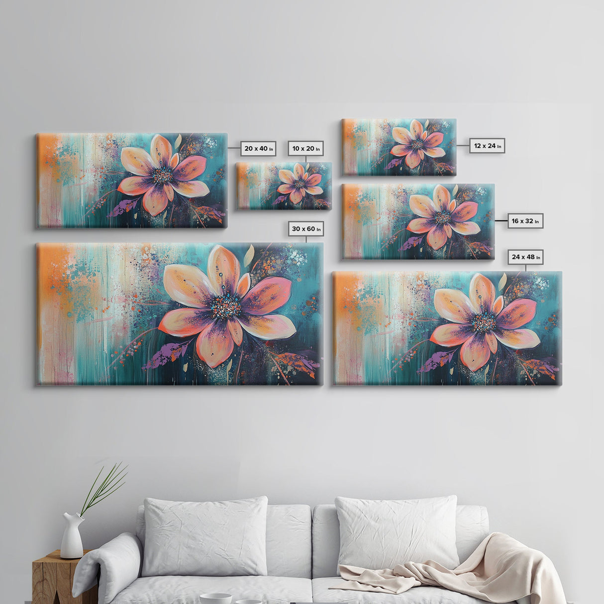 Bright floral, pink orange, Canvas Print, poppy wall art, pink orange wall art, whimsical art, flower painting, above sofa art