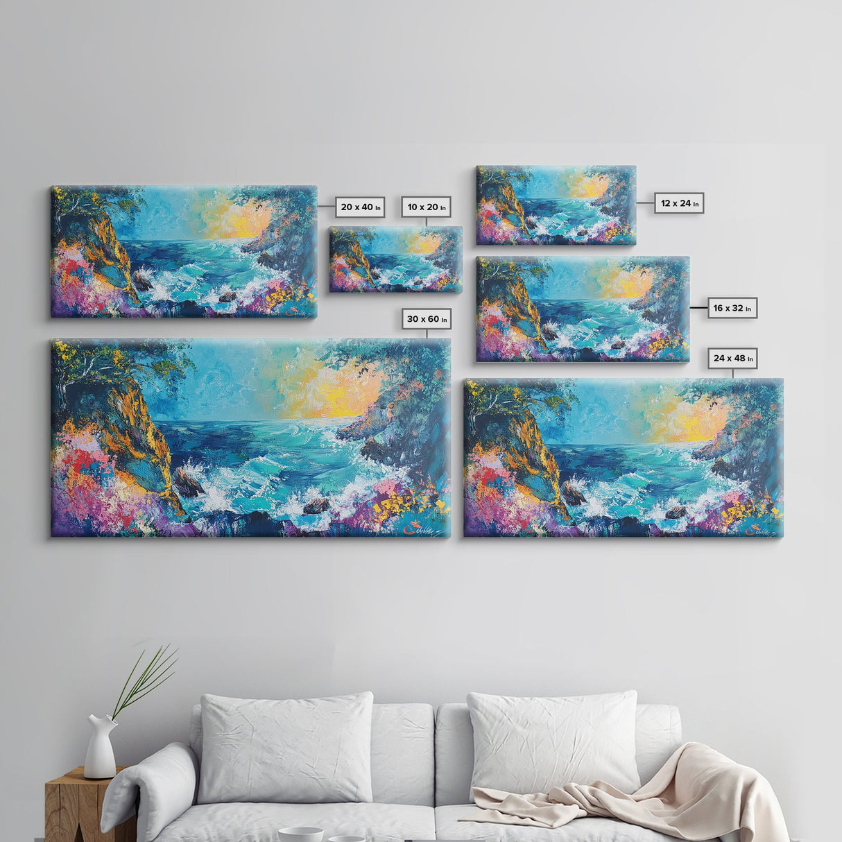 Coastal Cliff, vibrant ocean painting, surf wall art, Hawaii art, seascape painting, colorful beach art, Framed Canvas Print, extra wide art