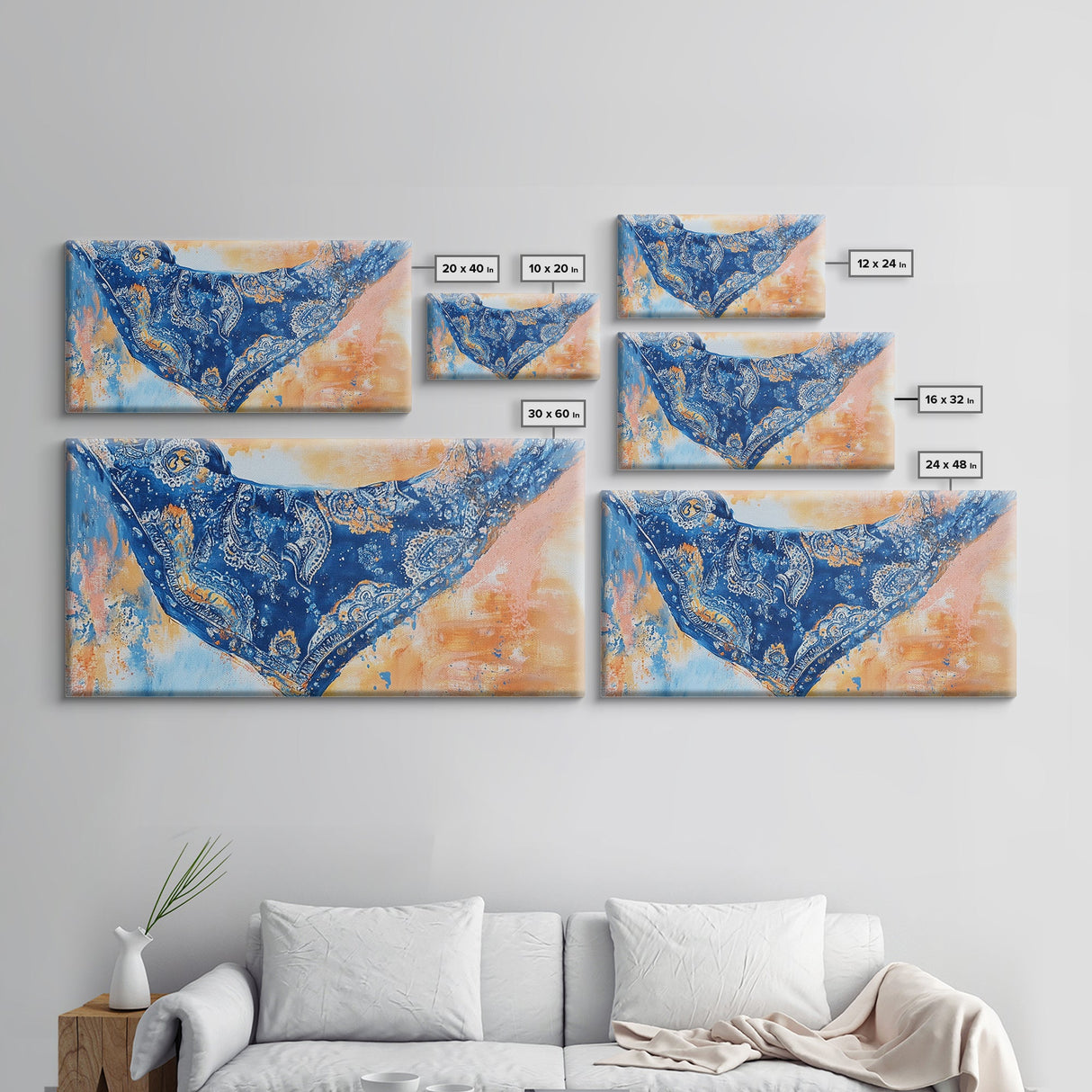 Bandana Print, Blue Wall Art, Vintage Art, Southwestern Art, Chinoiserie Wall Art, Extra Wide Art, Framed Canvas Print, Above Couch Art