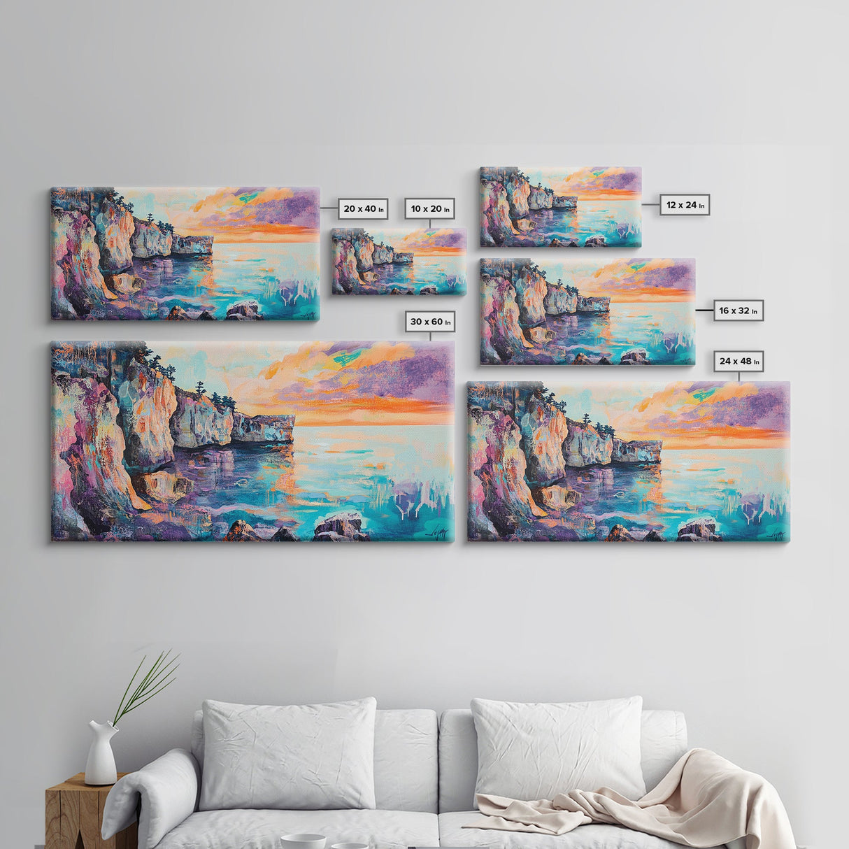 Sunset Over Cliffs, Coastal Painting, Ocean Landscape, Coastal Decor, Nautical Wall Art, Horizontal Wall Art, Framed Canvas Print