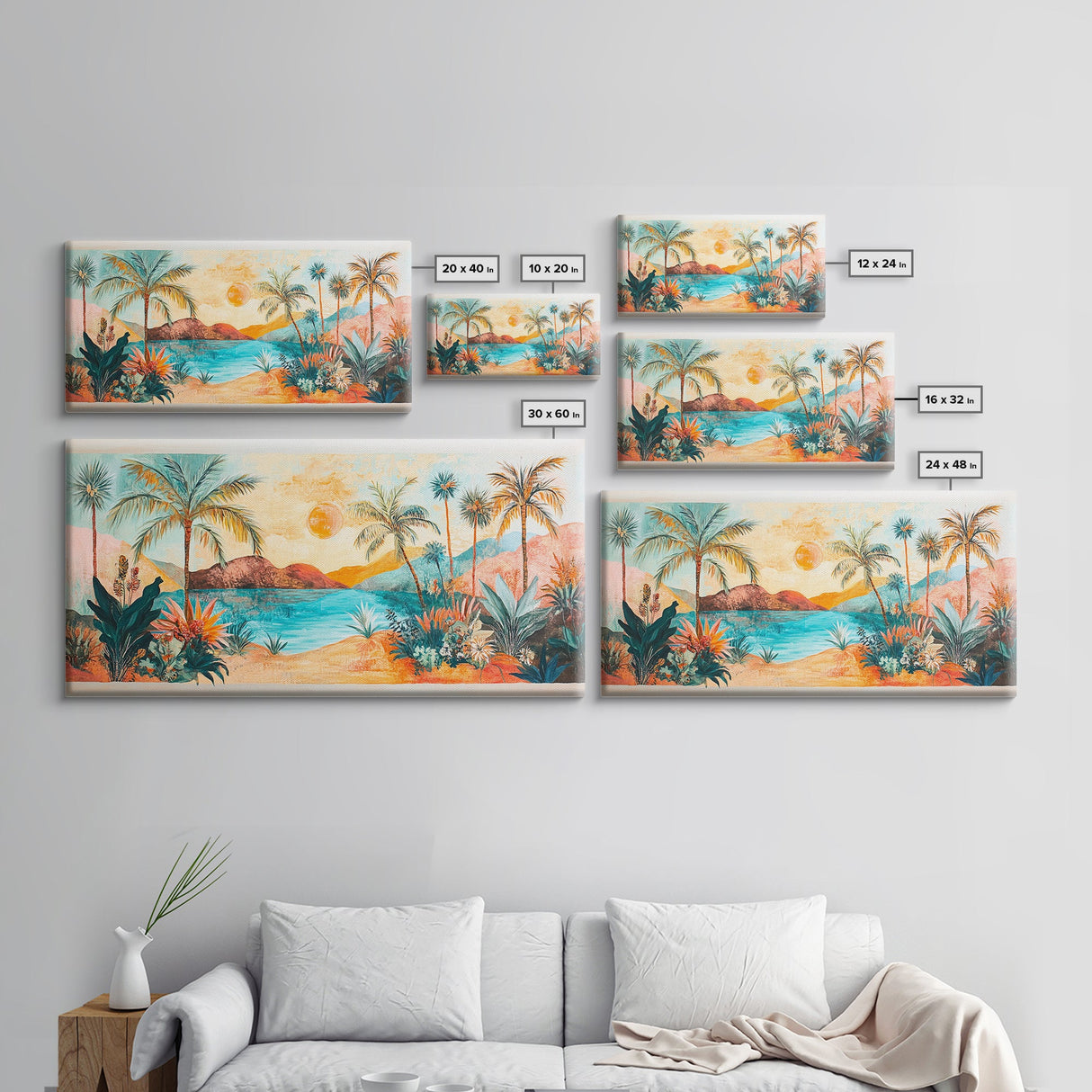 Tropical Sunset Art, Coastal Landscape Art, Boho Wall Art, Palm Tree Painting, Pink Orange Wall Art, Extra Wide Art, Canvas Print