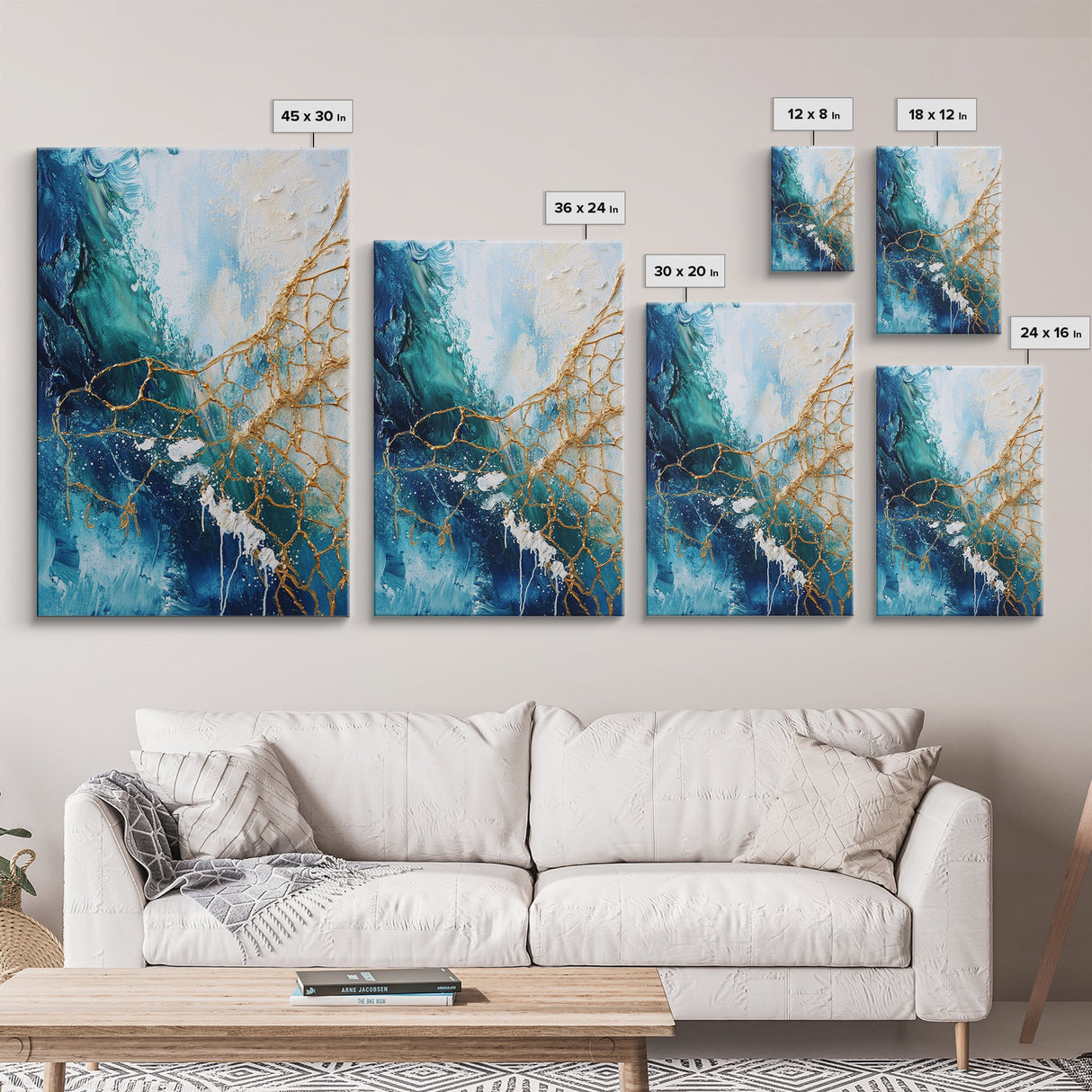 Abstract Ocean Painting, Coastal Wall Art, Blue and Gold Art, Nautical Decor, Contemporary Seascape, Canvas Print