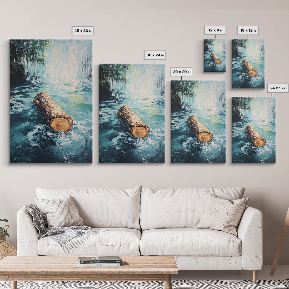 Log in Water, Forest at Dusk Painting, Rustic Nature Scene, Moody Wall Art, Blue and Green Decor, Framed Canvas Print