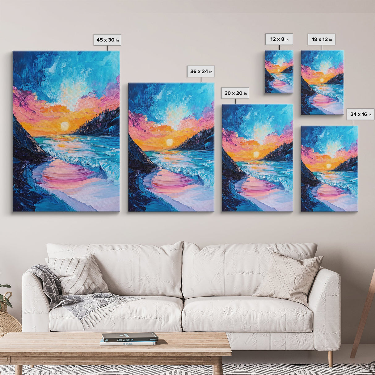 Colorful Beach, sunset painting, surf wall art, coastal painting, nautical decor, ocean waves, framed canvas print, seascape art