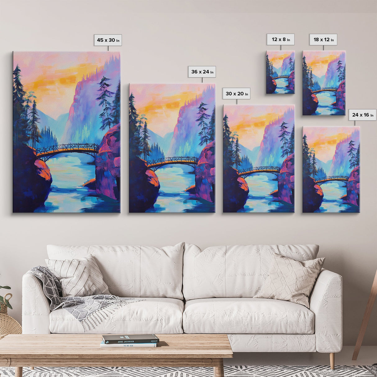 Vibrant Mountain Bridge, pink orange wall art, forest at dusk painting, landscape painting, above bed wall art, Canvas Print