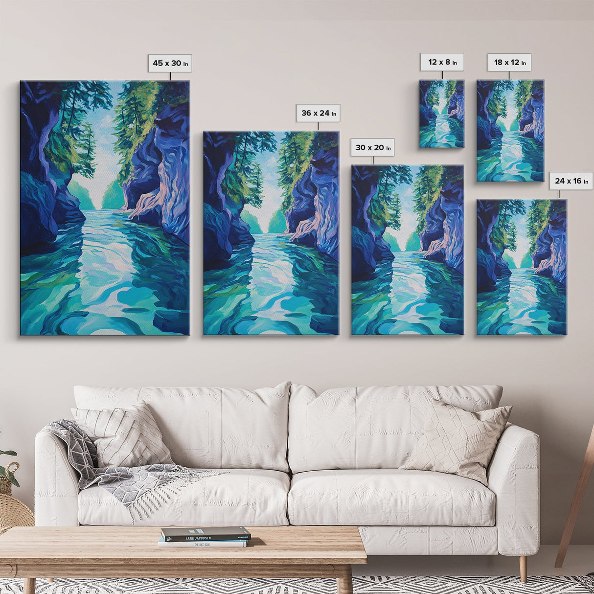 Serene Lake View, mountain painting, lake Tahoe art, blue and green wall art, landscape painting, boho art, Framed Canvas Print