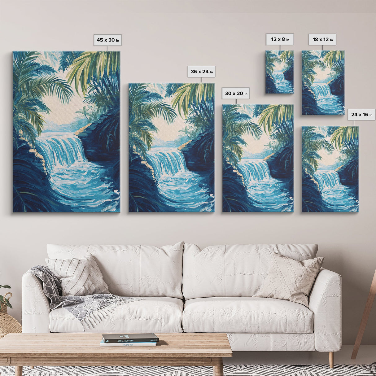 Jungle Waterfall View, tropical landscape painting, botanical prints, blue and green wall art, canvas print, extra wide art