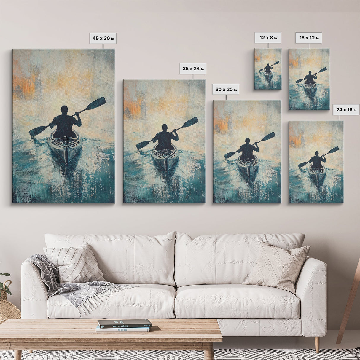Kayaker at Sunset, Coastal Landscape Art, Nautical Wall Art, Moody Art, Above Sofa Art, Ocean Painting, Framed Canvas Print
