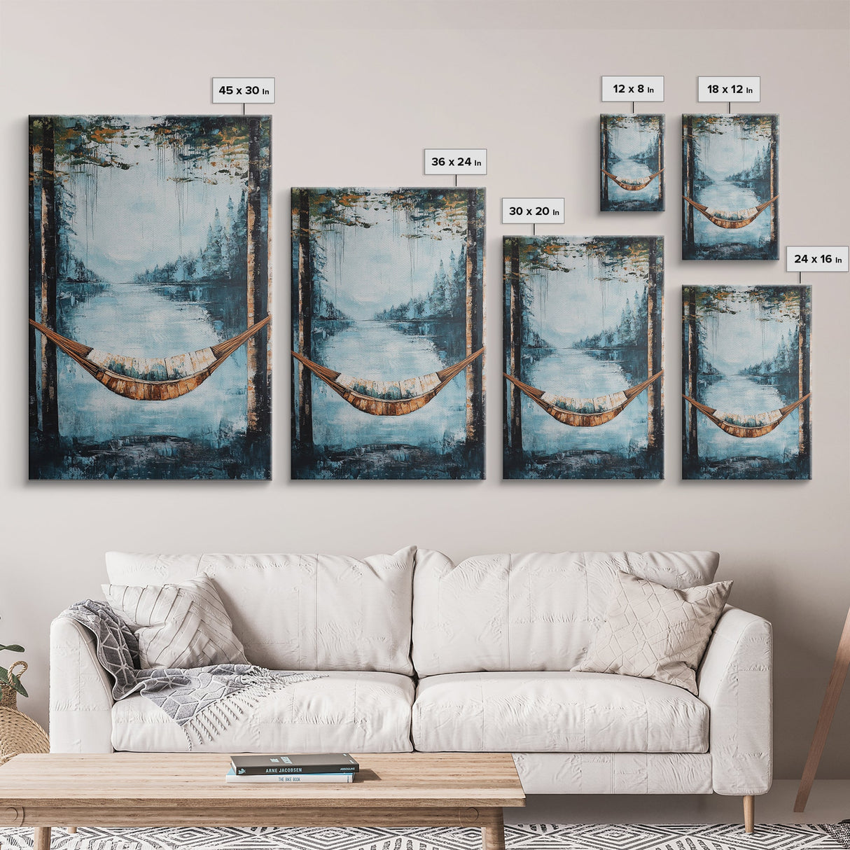 Hammock, Lake, Birch Trees, Framed Canvas Print, birch tree painting, landscape painting, wabi sabi art, rustic decor, extra wide art