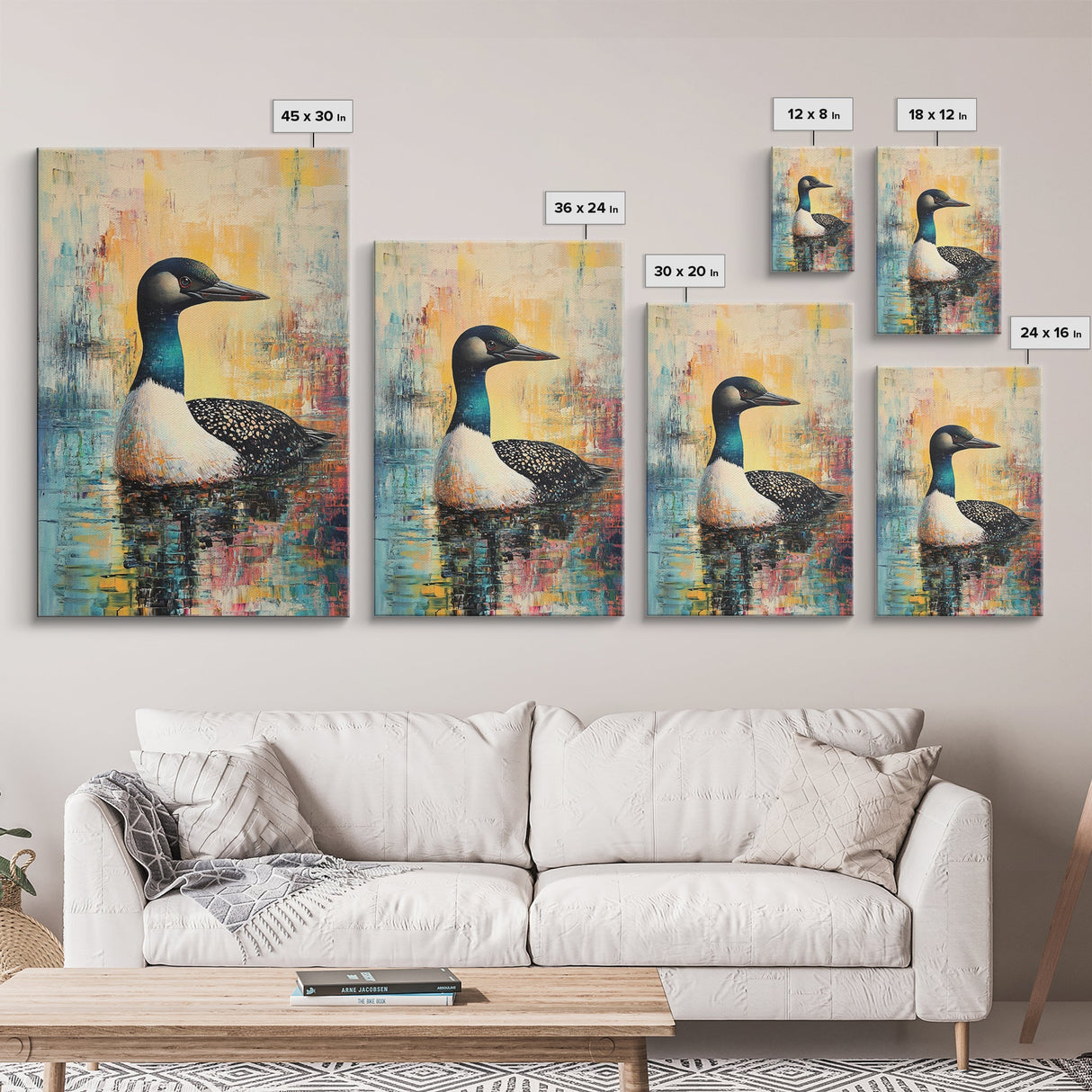 Loon Painting, bird art, blue and green wall art, moody art, gift idea for him, rustic decor, Framed Canvas Print, above couch art