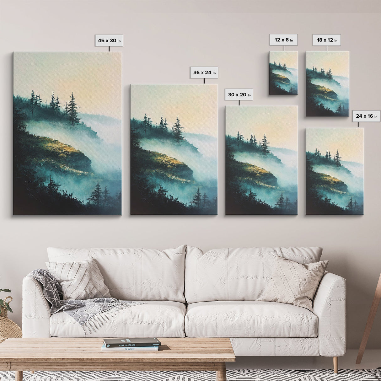 Foggy Mountains, mountain painting, smoky mountain art, pine tree art, forest at dusk painting, Framed Canvas Print, bedroom art