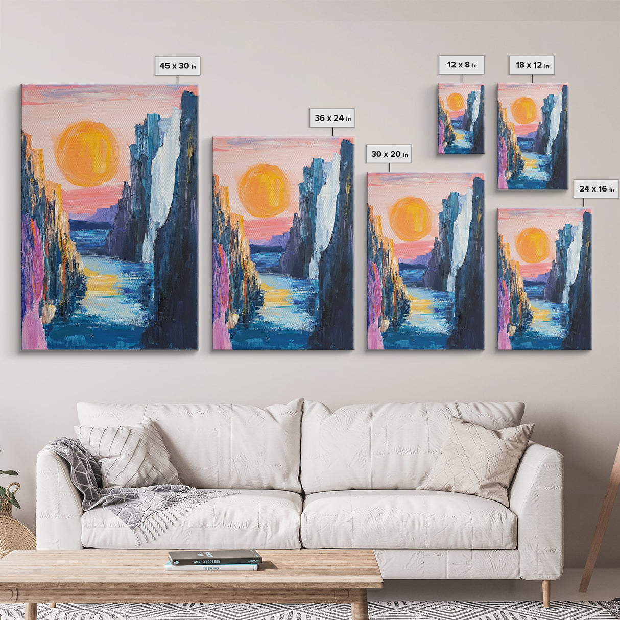 pink orange wall art, sunset painting, abstract landscape painting, blue and green wall art, Framed Canvas Print, boho art, modern decor