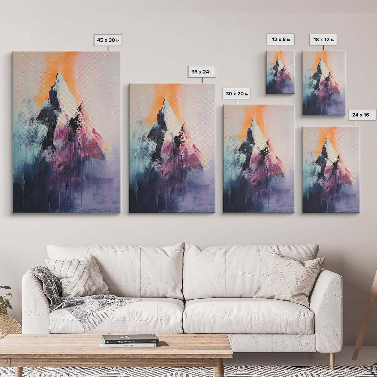 mountain painting, moody art, blue and green wall art, modern landscape painting, art nouveau print, Framed Canvas Print, minimalist art