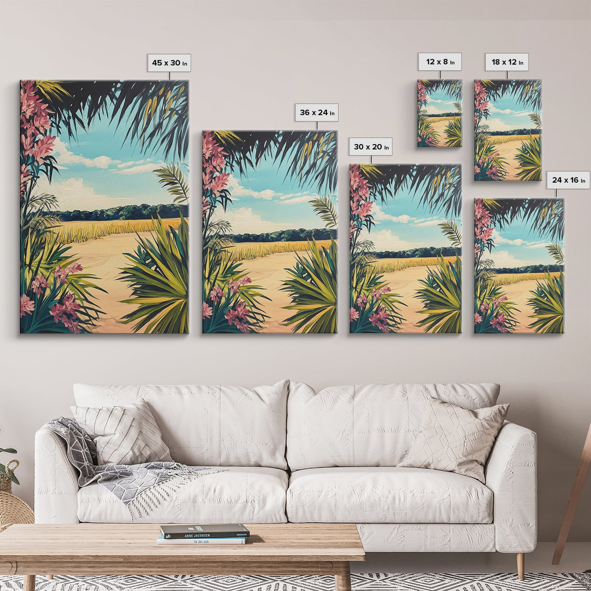 Tropical Landscape, palm tree painting, botanical prints, coastal landscape art, Canvas Print, living room art, wabi sabi wall art