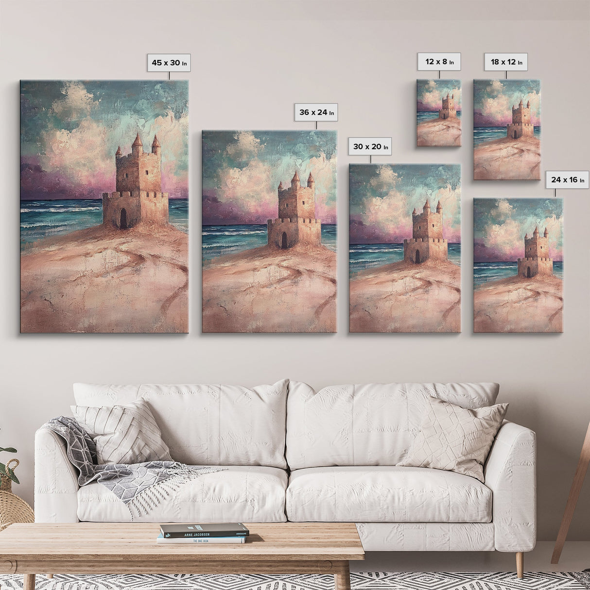Fantasy Castle Framed Canvas Print Dreamy Coastal Art, Whimsical Beach Painting, Living Room Wall Decor, Pastel Ocean Landscape