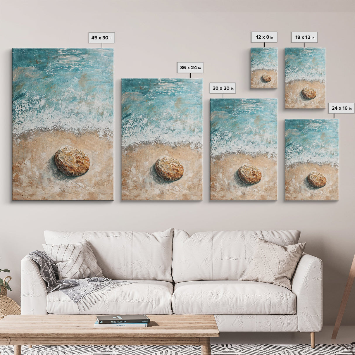 Serene Beach Stone Canvas Print Tranquil Ocean Art, Coastal Zen Wall Decor, Relaxing Beach House Style, Minimalist Seascape Painting