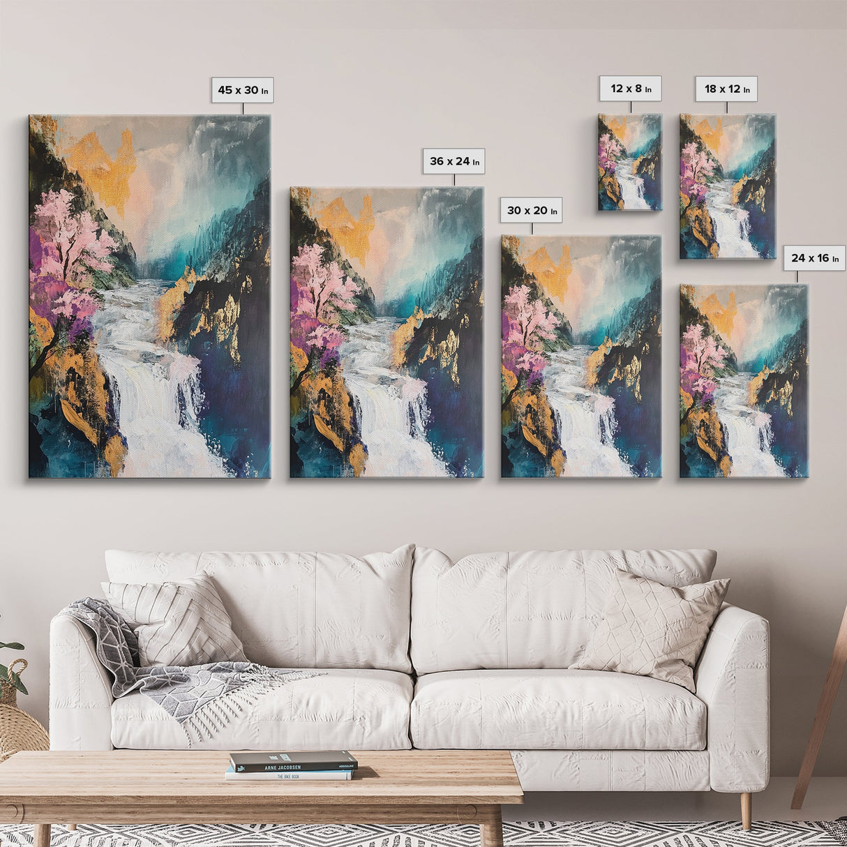 Waterfall Mountain Landscape Canvas Print Serene Nature Art Fantasy Wall Decor Japanese Painting Living Room Art Meditation Piece