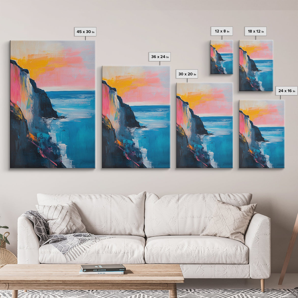 Sunset Cliff Framed Canvas Print Coastal Seascape Wall Art Vibrant Ocean Painting Modern Beach House Decor Relaxing Home Gift