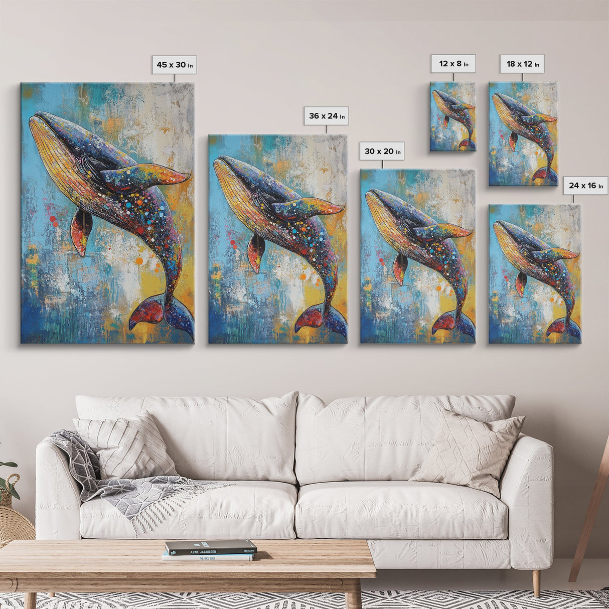 Blue Whale Framed Canvas Print Ocean Wildlife Art Colorful Nautical Wall Decor Coastal Home Aesthetic Sea Lover Gift