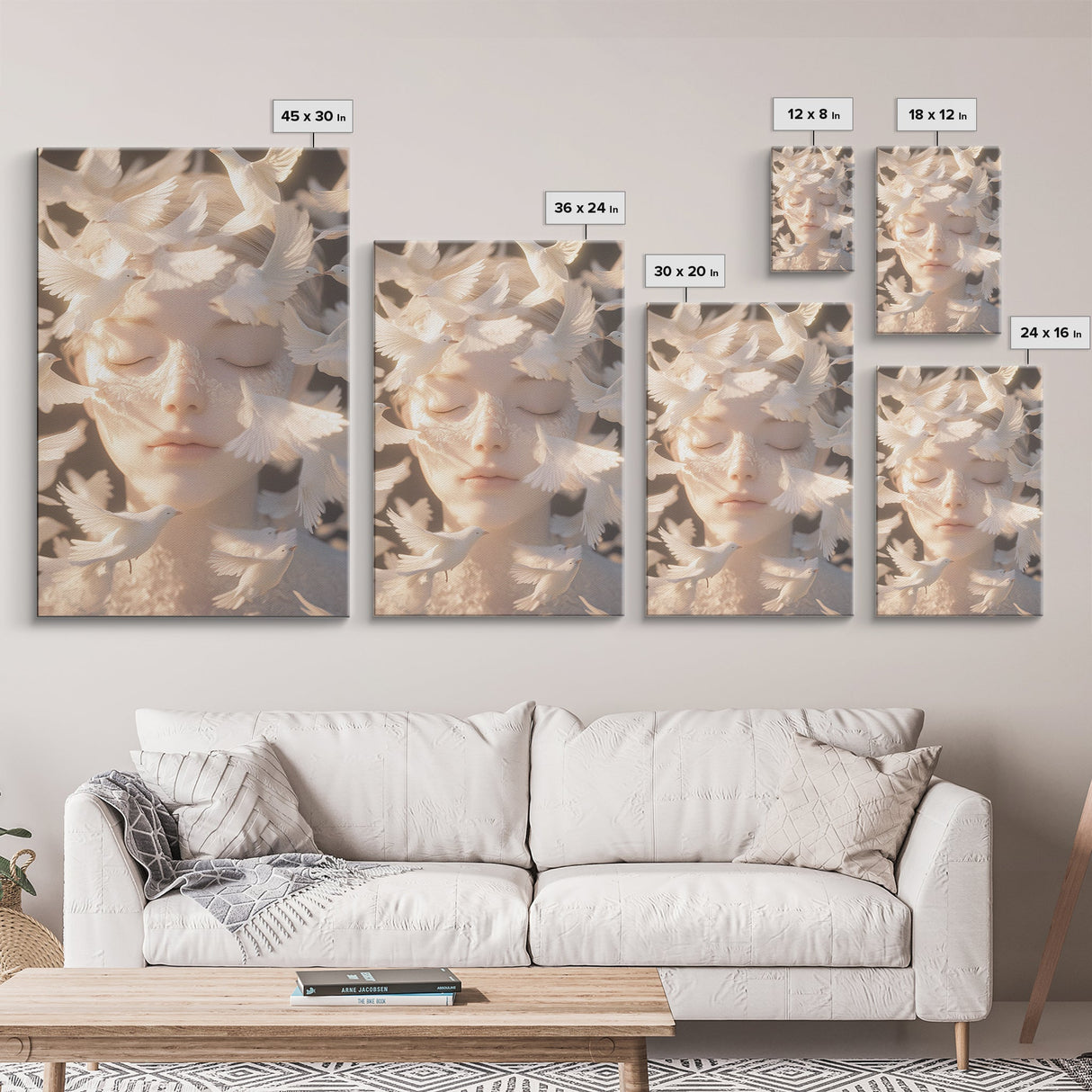 Ethereal White Dove Art Framed Canvas Print - Surreal Dreamy Wall Art, Minimalist Angelic Decor, Bedroom Meditation Art, Boho Aesthetic
