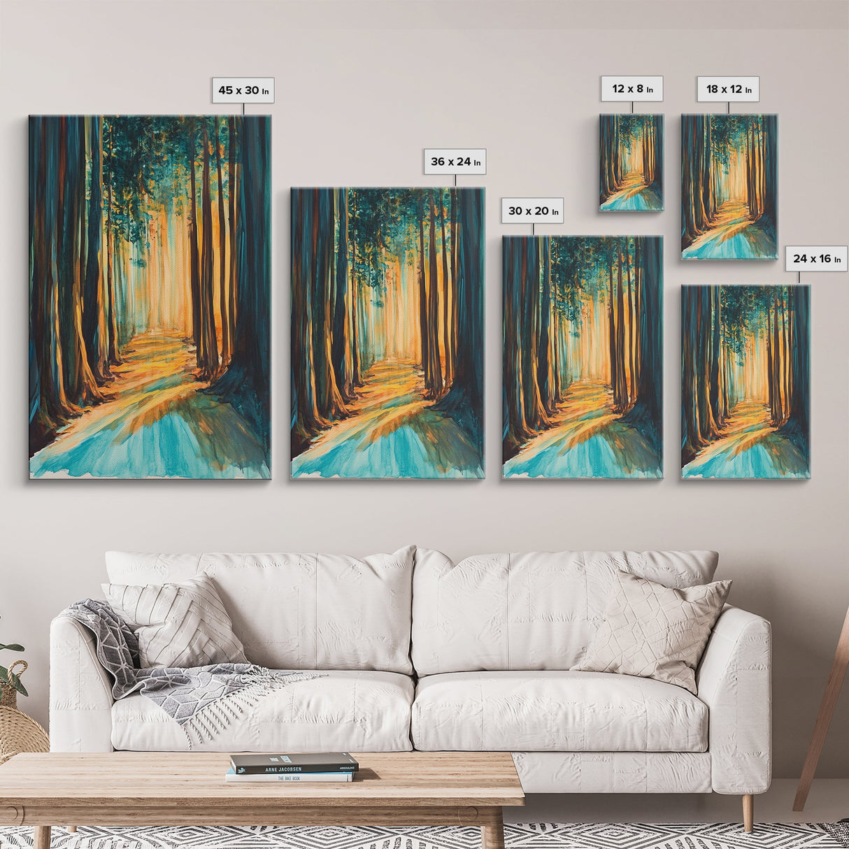 Golden Forest, moody art, pine tree art, wabi sabi wall art, landscape painting, rustic decor, Framed Canvas Print, autumn decor