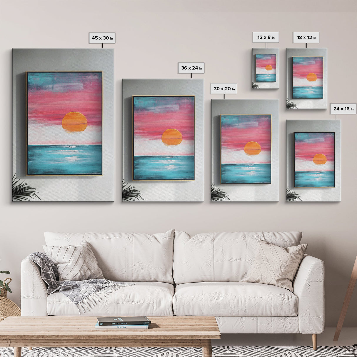Sunset Horizon, pink orange wall art, nautical painting, coastal decor, above bed wall art, wabi sabi art, Framed Canvas Print, boho art