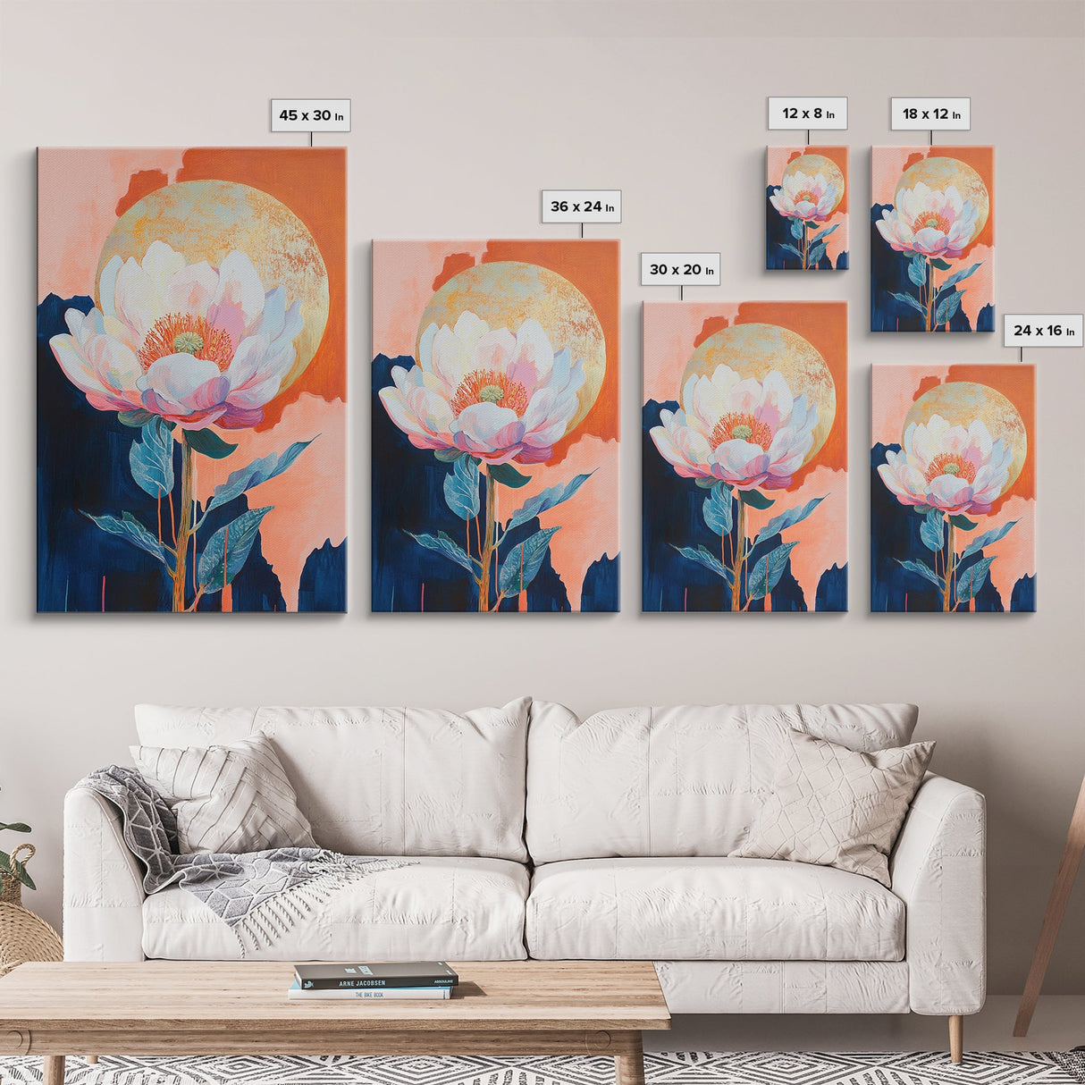 Floral Moon, Wildflower Painting, Pink Orange Wall Art, Light Pink Wall Art, Botanical Prints, Canvas Print, Gift Idea, Boho Art