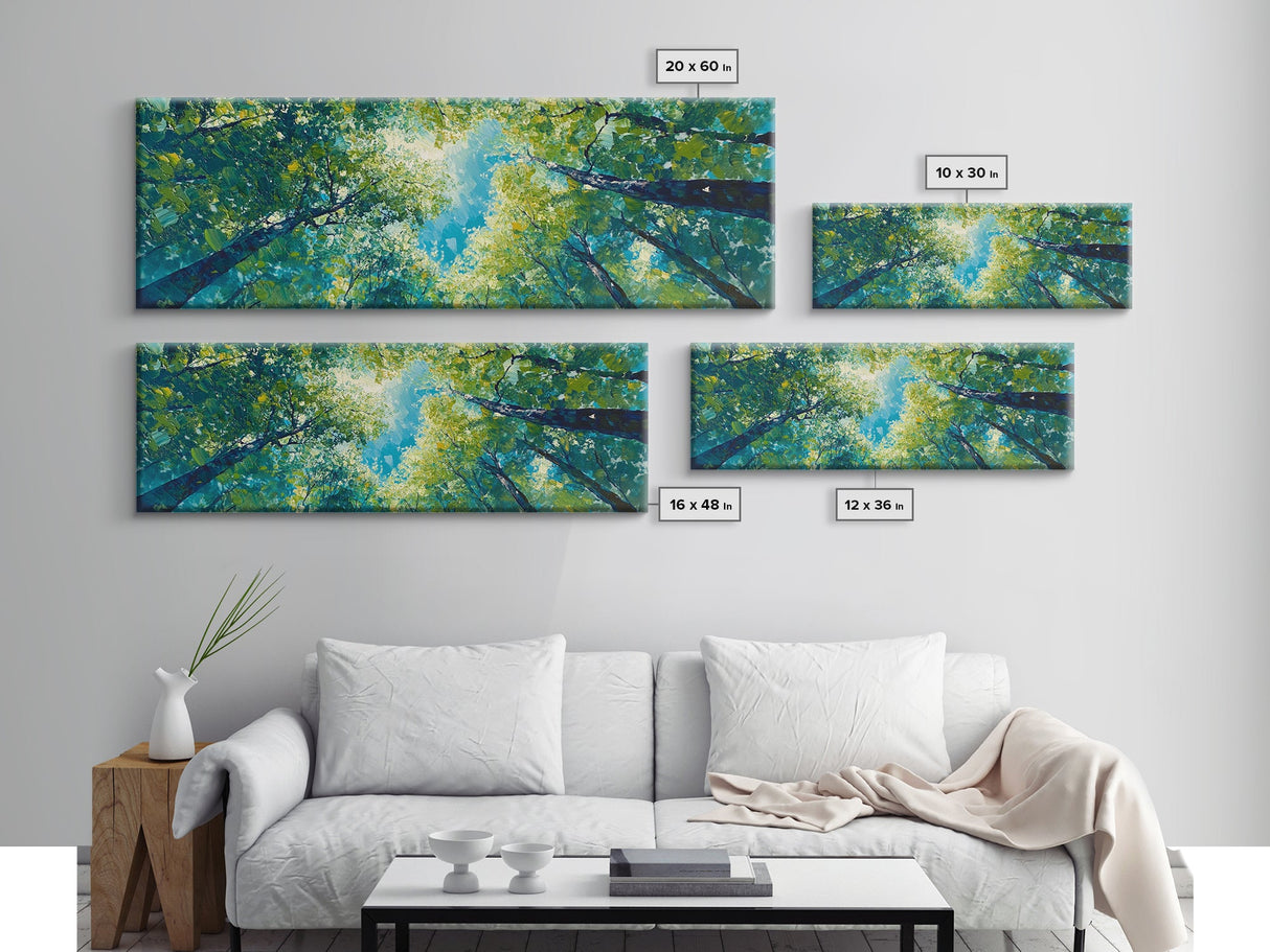 Sunlit Forest Framed Canvas Print Vibrant Nature Wall Art, Green Tree Canopy Painting, Bright Boho Decor, Botanical Living Room Art